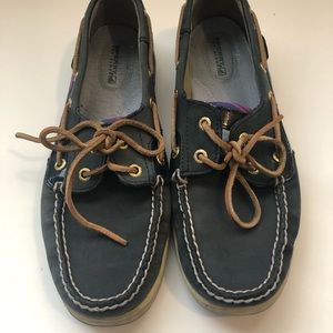 🌞Sperry Topsider 9M Navy Blue Leather and Plaid